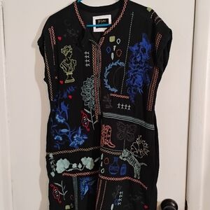 Johnny Was Black Dress with Blue and Red Embroidery